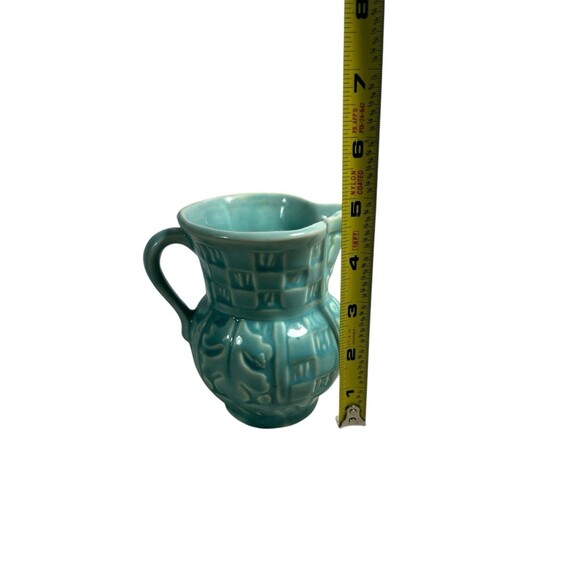 Old Aqua Green Pottery Pitcher w Handle 4.5” Oak Leaf Checked Vintage Excellent - Picture 8 of 12